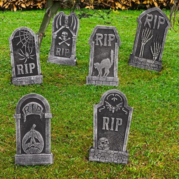Hourleey Halloween Foam RIP Tombstones, 6 Pack 15" Graveyard Headstone Decorations Outdoor for Halloween Lawn Yard Garden Tombstone Decor 4