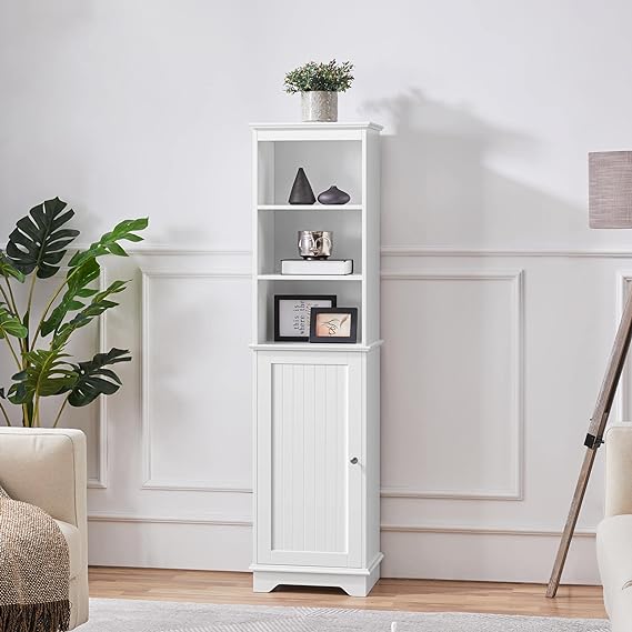 Yaheetech Bathroom Cabinet, Storage Cabinet with 3 Open Shelves & Single Door, Floor Freestanding Tall Linen Cabinet, Narrow Corner Organizer for Bathroom, Living Room, White 4