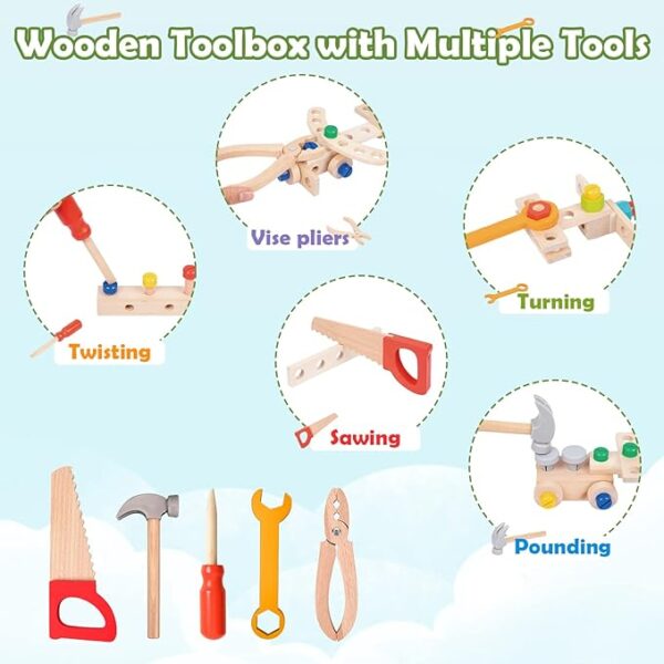 Wdmiya Kids Tool Set, 55 Pcs Wooden Toddler Toy Tool Set for 2-4 Age Birthday Gift, Montessori Pretend Play Construction Toys with Tool Kit for 2 3 4 5 Year Old Boys & Girls Educational STEM 4