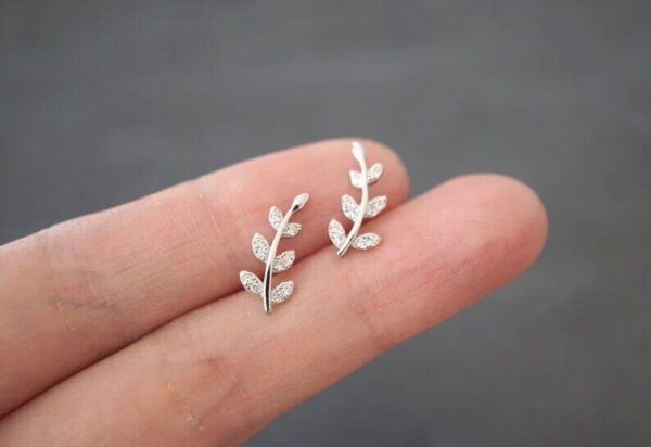 925 Sterling Silver Tiny Leaves Olive Leaf Dainty Minimalist Women Stud Earrings 4