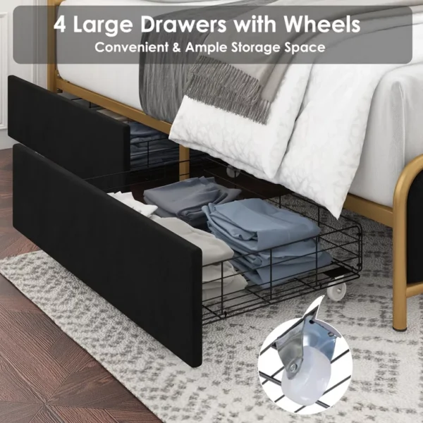 Homfa King Size Bed Frame with 4 Drawers, Round Metal Tube Platform Bed with Tufted Upholstered Headboard, Gold and Black 4