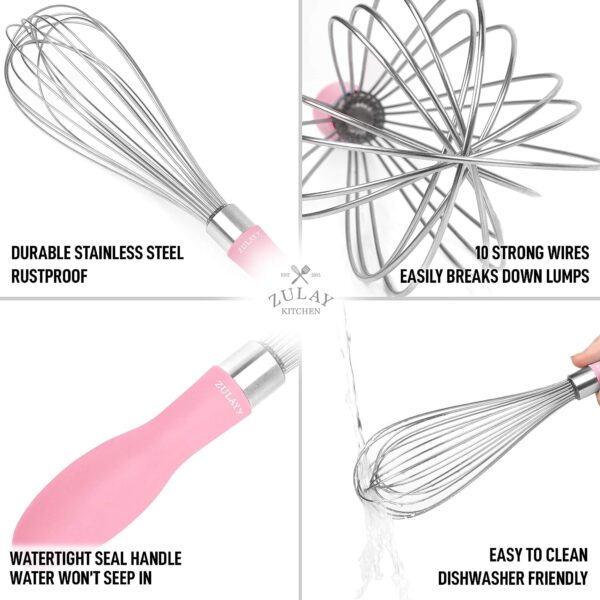 Zulay 12-Inch Stainless Steel Whisk - Balloon Whisk Kitchen Tool With Soft Silicone Handle - Thick Durable Wired Whisk Utensil For Blending, Beating, Whisking, Frothing, Stirring & More (Pink) 4