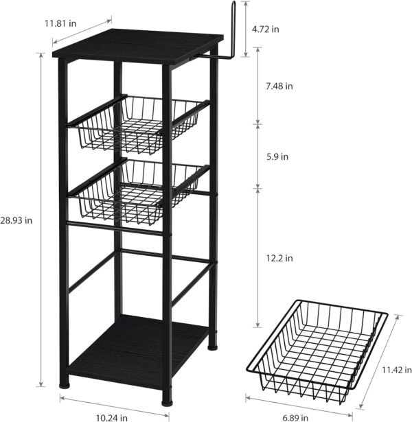 NOVIMANGO Small Storage Cabinet Bathroom Shelves Narrow Storage Tower Rack with 2 Drawers Freestanding Toilet Paper Organizer Cabinet with Paper Hanger Wooden Multifunctional Slide Basket Stand Black 4