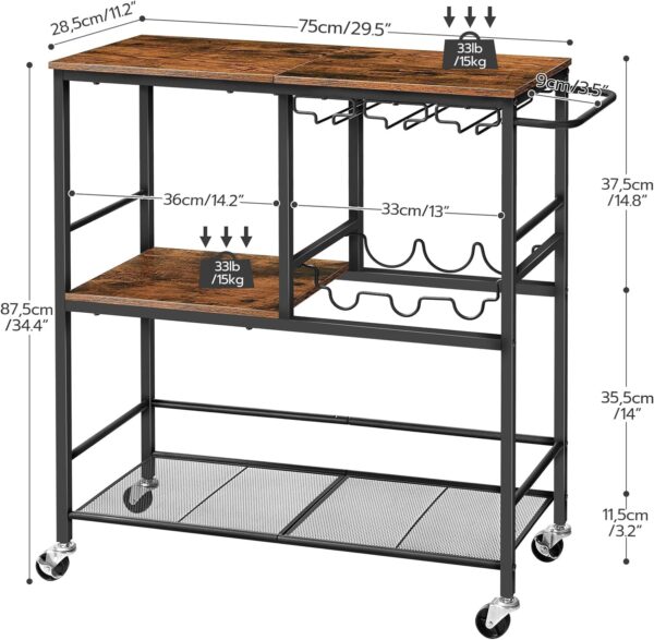HOOBRO Bar Cart for The Home, 29.5 inches 3-Tier Serving Cart with Wheels, Rolling Kitchen Cart with Wine Rack and Glass Holder for Living Room, Party, Bar, Rustic Brown and Black BF21TC01 4
