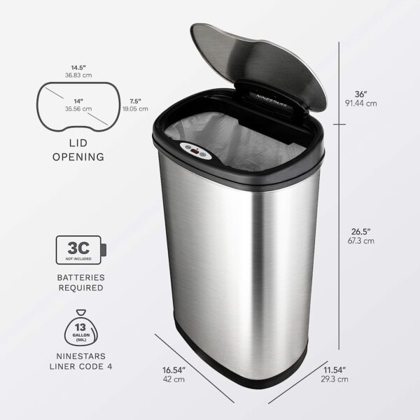 NINESTARS DZT-50-13 Automatic Touchless Motion Sensor Oval Trash Can with Black Top, 13 gallon/50 L, Stainless Steel 4