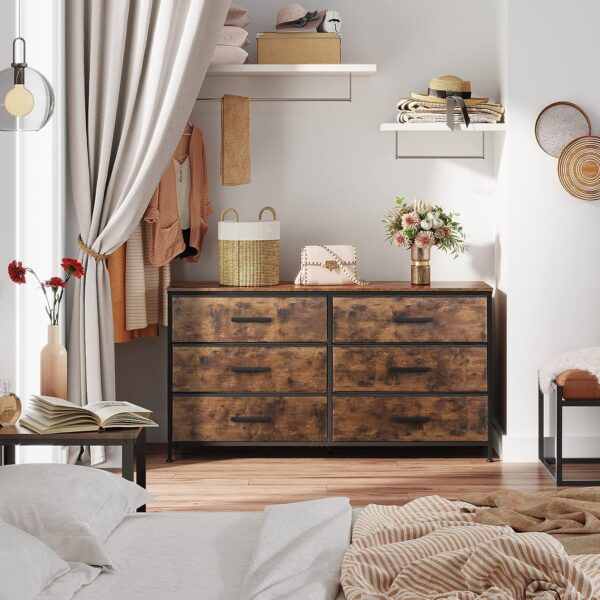 WLIVE Wide Dresser with 6 Drawers, TV Stand for 60" TV, Fabric Double Dresser, Large Storage Tower Unit, Chest of Drawers for Bedroom, Closet, Living Room, Hallway, Nursery, Rustic Brown 4