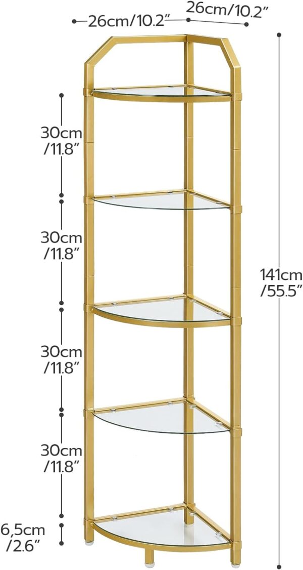 HOOBRO 5-Tier Corner Shelf Stand, Gold Corner Bookshelf, Tempered Glass Shelves, Corner Plant Stand, for Living Room, Bedroom, Study, Bathroom, Balcony, Modern Style, Gold GD14CJ01 4