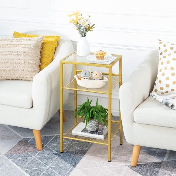 HOOBRO Tall End Table, Tempered Glass Telephone Table with Mesh Shelf, 3-Tier High and Narrow Side Table for Small Space, Sofa, Living Room, Bedroom, Easy Assembly, Modern Style, Gold GD04DH01 5