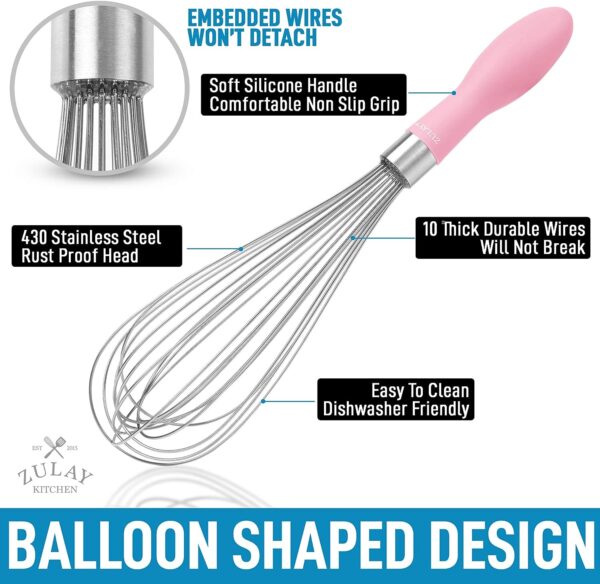 Zulay 12-Inch Stainless Steel Whisk - Balloon Whisk Kitchen Tool With Soft Silicone Handle - Thick Durable Wired Whisk Utensil For Blending, Beating, Whisking, Frothing, Stirring & More (Pink) 5