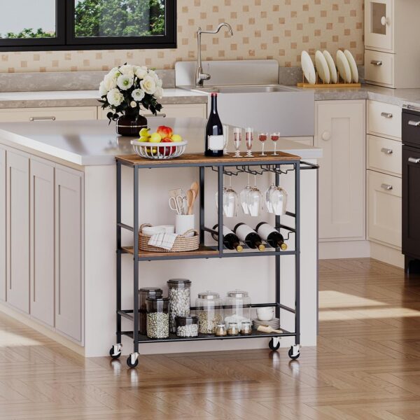 HOOBRO Bar Cart for The Home, 29.5 inches 3-Tier Serving Cart with Wheels, Rolling Kitchen Cart with Wine Rack and Glass Holder for Living Room, Party, Bar, Rustic Brown and Black BF21TC01 5