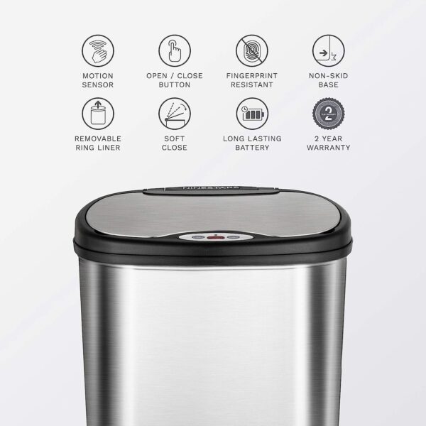 NINESTARS DZT-50-13 Automatic Touchless Motion Sensor Oval Trash Can with Black Top, 13 gallon/50 L, Stainless Steel 5