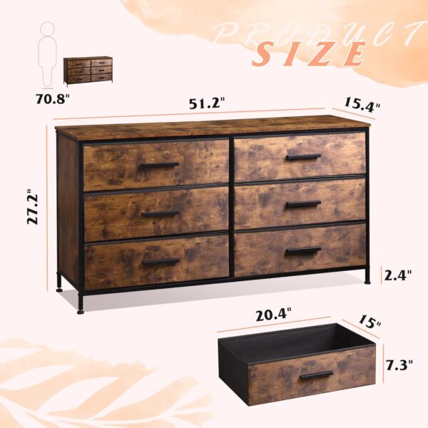 WLIVE Wide Dresser with 6 Drawers, TV Stand for 60" TV, Fabric Double Dresser, Large Storage Tower Unit, Chest of Drawers for Bedroom, Closet, Living Room, Hallway, Nursery, Rustic Brown 5