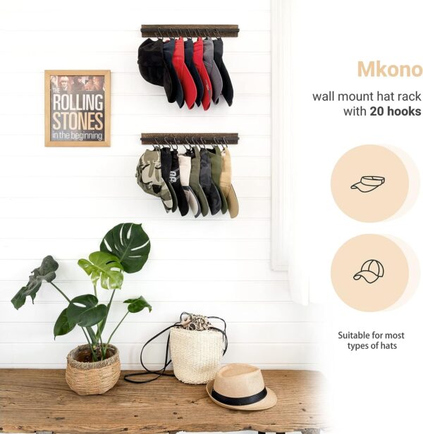 Mkono Hat Rack for Wall Wooden Baseball Caps Organizer with 20 Hooks Rustic Cowboy Hanger Mounted Hats Display Closet Bedroom Entryway, Set of 2, Brown 5