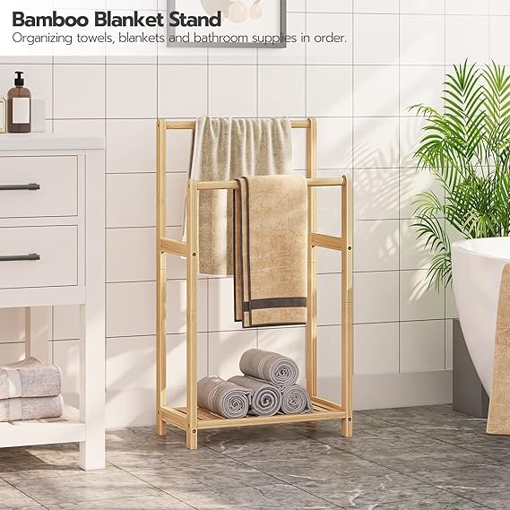 HOOBRO Freestanding Towel Rack for Bathroom, 2 Tier Decorative Bamboo Blanket Rack, Quilt Display Stand with Storage Shelf, 16.5" L x 9.4" W x 30.5" H, Bedroom, Living Room, Natural Color YL02LB01 5