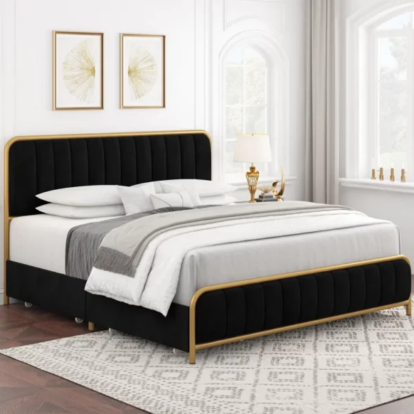 Homfa King Size Bed Frame with 4 Drawers, Round Metal Tube Platform Bed with Tufted Upholstered Headboard, Gold and Black 6