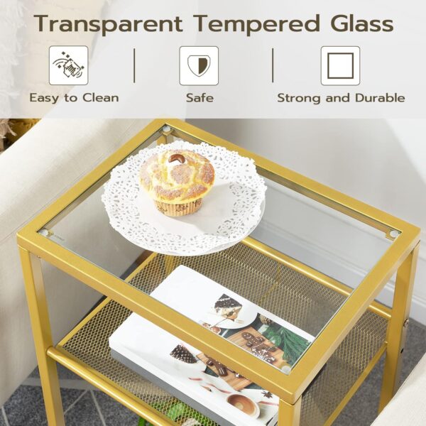 HOOBRO Tall End Table, Tempered Glass Telephone Table with Mesh Shelf, 3-Tier High and Narrow Side Table for Small Space, Sofa, Living Room, Bedroom, Easy Assembly, Modern Style, Gold GD04DH01 6
