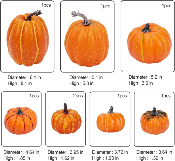 Artmag 8 Pcs Assorted Sizes Harvest Orange Artificial Pumpkins for Fall Halloween Thanksgiving Decorating Embellishing and Displaying 6