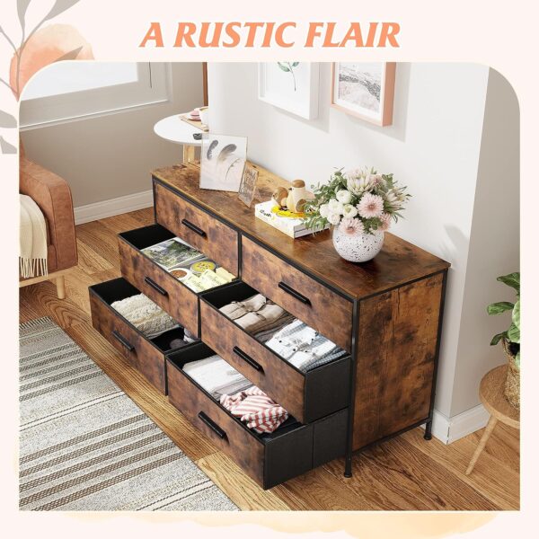 WLIVE Wide Dresser with 6 Drawers, TV Stand for 60" TV, Fabric Double Dresser, Large Storage Tower Unit, Chest of Drawers for Bedroom, Closet, Living Room, Hallway, Nursery, Rustic Brown 6