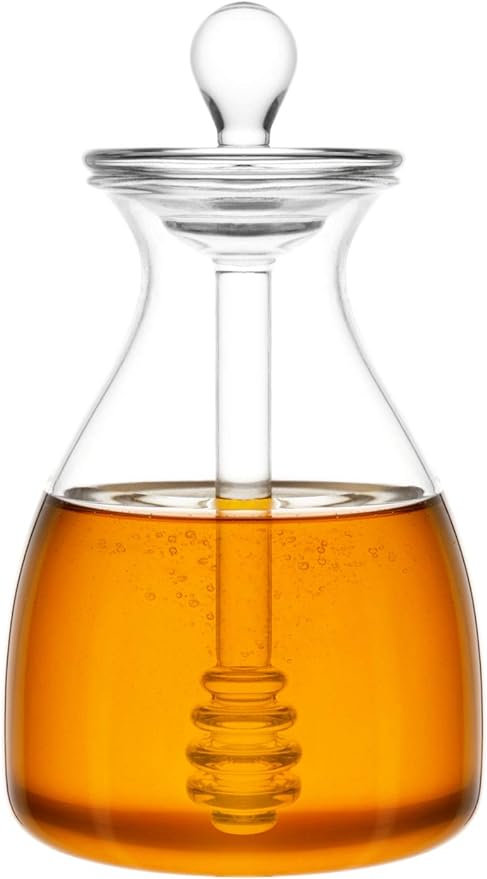 Mkono Honey Dispenser Glass Honey Pot Honey Jar with Dipper Sticks and Lid Cover Honey Containers Holder for Home Kitchen, 14 Ounces
