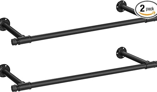 SONGMICS 2 Pack Clothes Rack Wall-Mounted, Industrial Pipe Clothing Rack, Space-Saving Garment Rack, 11.8 x 33 x 2.8 Inches, 132 lb Capacity for Each Hanging Rod, Steel, Black UHSR140B02