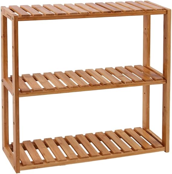 SONGMICS Bamboo Bathroom Shelf, 3-Tier Adjustable Plants Rack, Wall-Mounted or Stand, in the Living Room, Balcony, Kitchen, Natural UBCB13Y 1