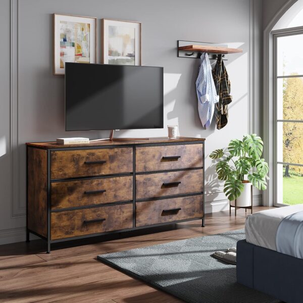 WLIVE Wide Dresser with 6 Drawers, TV Stand for 60" TV, Fabric Double Dresser, Large Storage Tower Unit, Chest of Drawers for Bedroom, Closet, Living Room, Hallway, Nursery, Rustic Brown 7