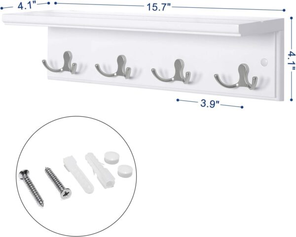 SONGMICS Coat Rack with Shelf, Wall-Mounted Coat Rack, with 4 Metal Dual Hooks for Coats, Bags, for Entryway, Bedroom, Living Room, White ULHR42WT 7
