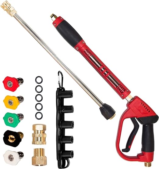 Hourleey Pressure Washer Gun, Red High Power Washer Gun with Replacement Wand Extension, 5 Nozzle Tips, M22 Fittings, 40 Inch, 5000 PSI 1