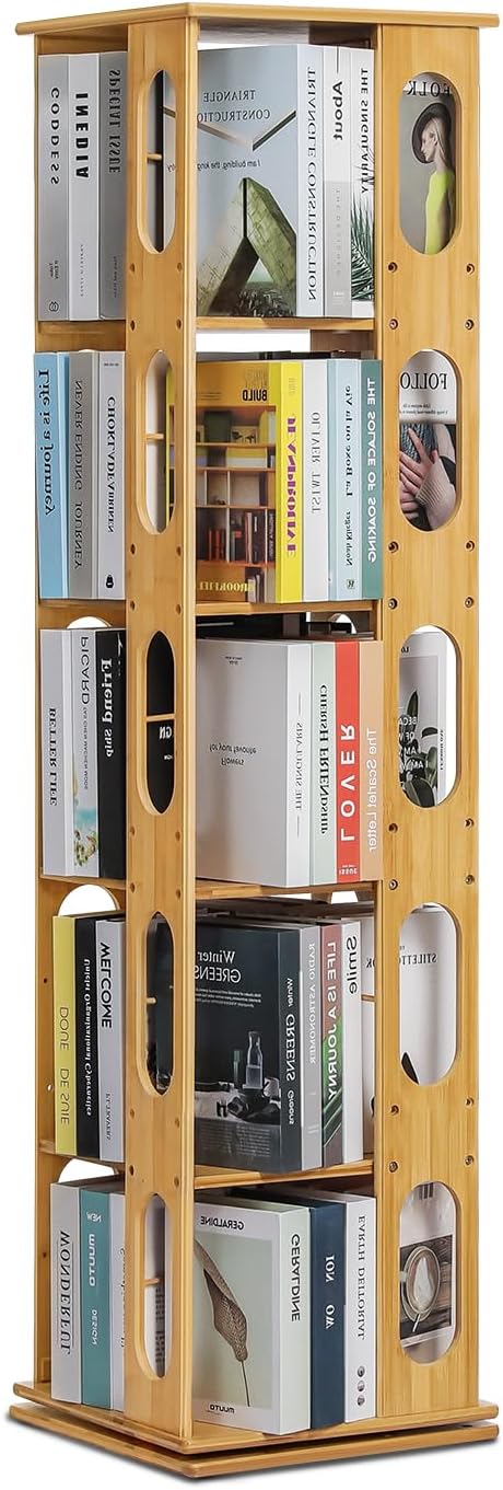 Magshion Rotating Bookcase 5-Tier Corner Shelf Bamboo Media Storage, 57.5" High Revolving Floor Standing Storage Organizer Living Room Bedroom 360 Degree Rotating Storage (Natural, Oval Hollow-Out)