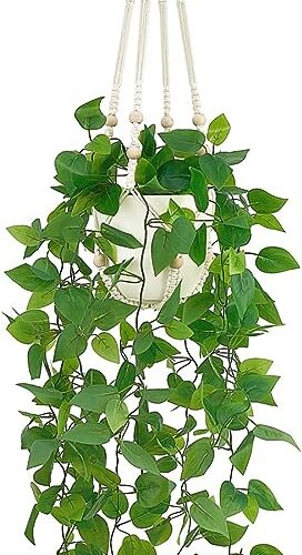 61hj1KIH0zL._AC_SY879_ Mkono Fake Hanging Plant with Pot, Artificial Plants for Home Decor Indoor Macrame Plant Hanger with Faux Vines Hanging Planter Greenery for Bedroom Bathroom Kitchen Office Decor, Ivory (Pothos)