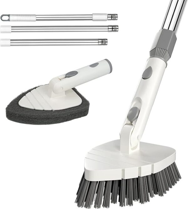 59" Long Handle Tub Tile Scrubber, ITTAHO Stiff Bristles Cleaning Brush & Sponge with Extendable Pole, Rotatable Detachable Scrub Brush for Kitchen Shower Bathtub Floor 1