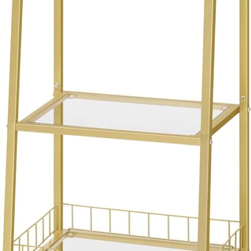 HOOBRO Gold Bookshelf, 3-Tier Tempered Glass Bookcase, Bathroom Storage Stand, Record Storage Rack with Side Guards, Strong and Durable, for Bathroom, Bedroom, Living Room Modern Style, Gold GD77CJ01