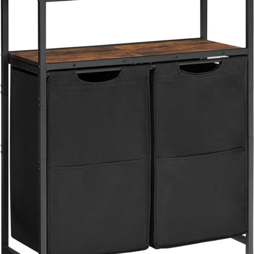 HOOBRO Laundry Hamper with Shelf, 2 × 13 Gal(49.5L), Laundry Basket, Laundry Sorter with 2 Pull-Out and Removable Bags, Bathroom, Laundry Room, Rustic Brown and Black BF73XY01