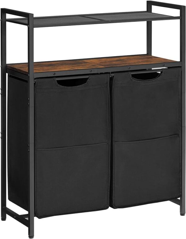 HOOBRO Laundry Hamper with Shelf, 2 × 13 Gal(49.5L), Laundry Basket, Laundry Sorter with 2 Pull-Out and Removable Bags, Bathroom, Laundry Room, Rustic Brown and Black BF73XY01 1