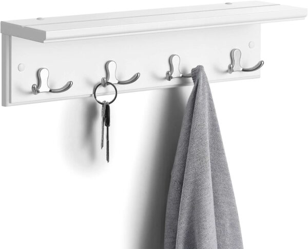 SONGMICS Coat Rack with Shelf, Wall-Mounted Coat Rack, with 4 Metal Dual Hooks for Coats, Bags, for Entryway, Bedroom, Living Room, White ULHR42WT 8