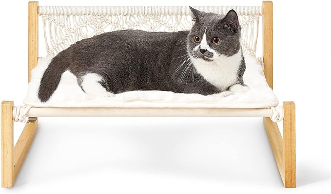 Mkono Boho Cat Bed Hammock with Blanket, Macrame Elevated Pet Bed for Indoor, Floor Standing Breathable Cat Chair 21 X 16.7 Inch Pet Resting Hammock Cat Furniture Gift for Cats and Small Dogs