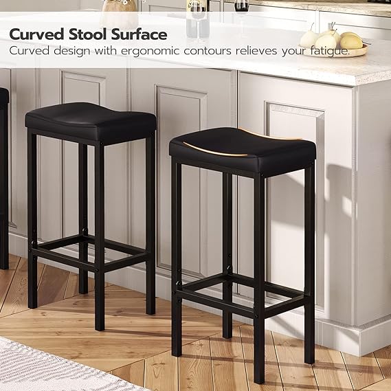 HOOBRO Bar Stools, Set of 2 Bar Chairs, Counter Height Stools, Saddle Stools with Curved Surface, Kitchen Stools, 24.8 Inches, 2.4" Thick Upholstery, for Kitchen, Dining Room, Cafe Black BB10BY01 3