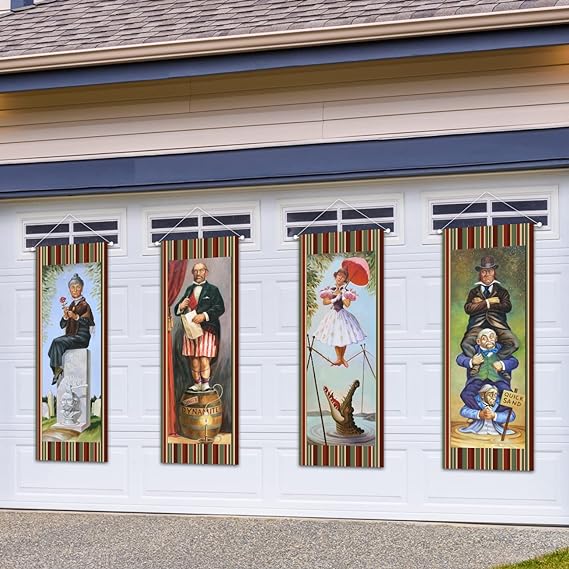 71Jg8oaQq7L._AC_SX569_ Large set of 4 Haunted Mansion Stretching Portraits Outdoor Vinyl Halloween Decoration, Haunted Mansion Backdrop Halloween Vintage Horror Poster for Home Wall Decor Art Photo Hanging Banner