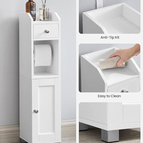 VASAGLE Small Bathroom Storage Cabinet, Toilet Paper Holder with Storage, Toilet Paper Storage Cabinet, Bathroom Organizer with Adjustable Shelf, Water-Proof Feet, for Small Spaces, White UBBC846P31