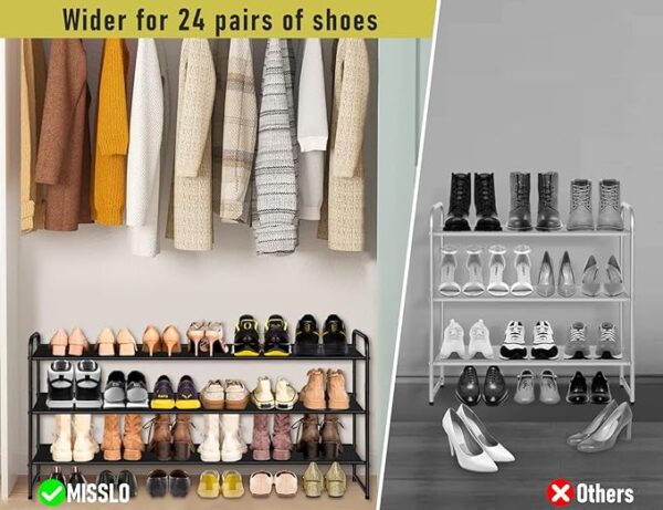 MISSLO 3-Tier Long Shoe Rack for Closet Shoe Organizer for Closet Floor Entryway Storage Stackable Wide Shoe Shelf Stores 24 Pairs of Men Sneakers, Black 3