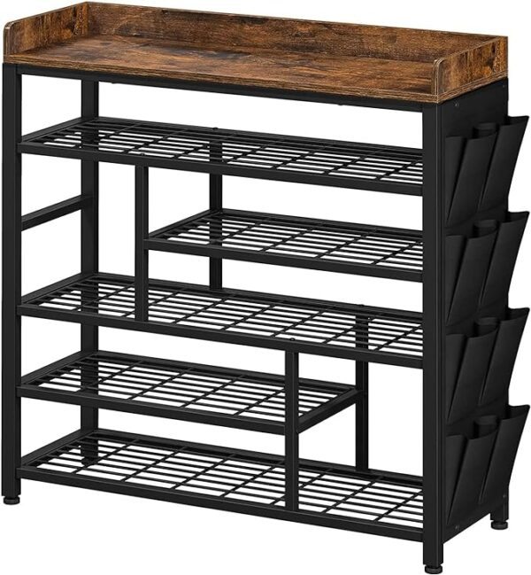 EnHomee Shoe Rack for Entryway Metal Shoe Racks with Boots Storage for 18-22 Pairs Free Standing Entryway Shoes Rack Sturdy Shoe Shelf Wooden Top & Side Pocket for Entry, Entrance, Hallway, Black 1