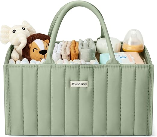 Blissful Diary Baby Diaper Caddy Organizer - Stylish Nursery Storage Basket for Diapers and Baby Wipes - A Baby Gift Registry for Baby Shower List and Baby Must Haves Essentials - Sage Green
