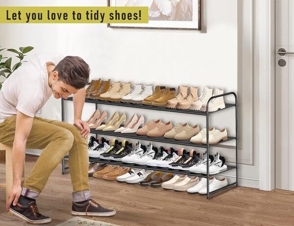 MISSLO 3-Tier Long Shoe Rack for Closet Shoe Organizer for Closet Floor Entryway Storage Stackable Wide Shoe Shelf Stores 24 Pairs of Men Sneakers, Black 2