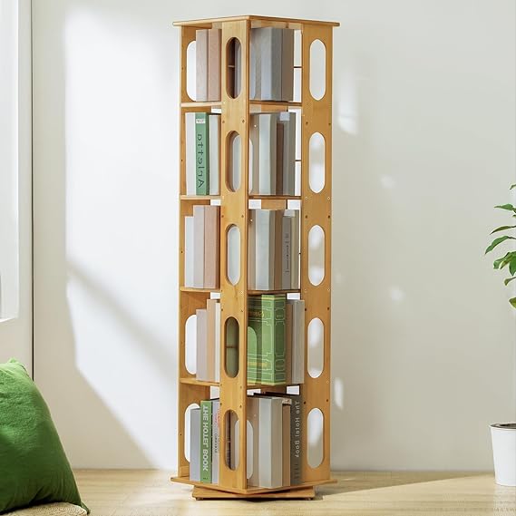 Magshion Rotating Bookcase 5-Tier Corner Shelf Bamboo Media Storage, 57.5" High Revolving Floor Standing Storage Organizer Living Room Bedroom 360 Degree Rotating Storage (Natural, Oval Hollow-Out) 3