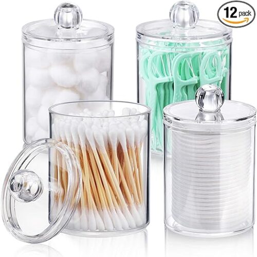4 PACK Qtip Holder Dispenser for Cotton Ball, Cotton Swab, Cotton Round Pads, Floss Picks - 10 oz Clear Plastic Apothecary Jar Set for Bathroom Canister Storage Organization, Vanity Makeup Organizer