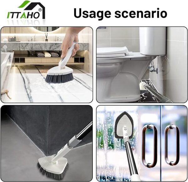 59" Long Handle Tub Tile Scrubber, ITTAHO Stiff Bristles Cleaning Brush & Sponge with Extendable Pole, Rotatable Detachable Scrub Brush for Kitchen Shower Bathtub Floor 3