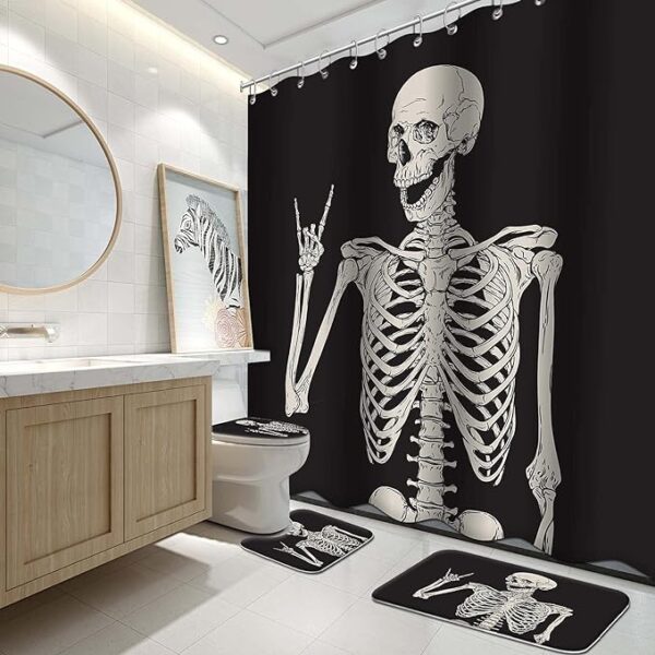 71yJb9zFw-S._AC_SX679_ Lnond Black Shower Curtain Sets with Rugs and Toilet Lid Cover and Bath Mat for Bathroom, Human Skeleton OK Posing Shower Curtain Sets with 12 Hooks, Waterproof Durable Bathroom Decor Set