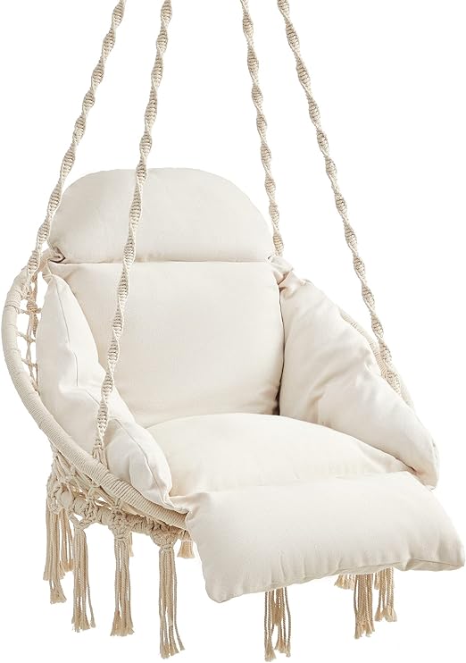 SONGMICS Hanging Chair, Hammock Chair with Large, Thick Cushion, Boho Swing Chair for Bedroom, Patio, Balcony, Garden, Living Room, Holds up to 264 lb, Cloud White UGDC042M01 1