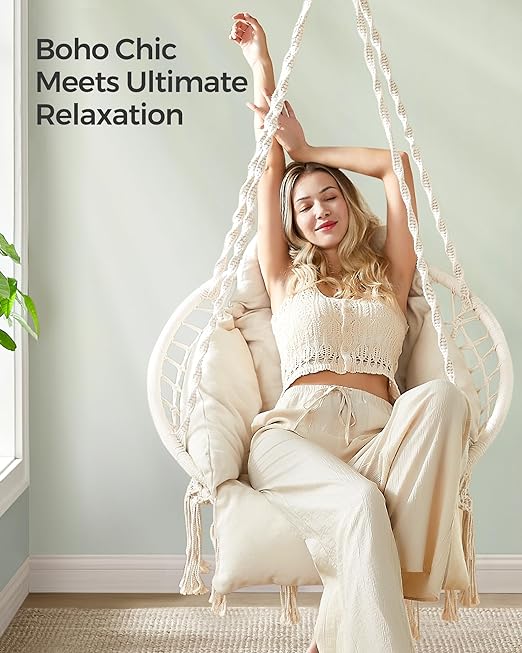 SONGMICS Hanging Chair, Hammock Chair with Large, Thick Cushion, Boho Swing Chair for Bedroom, Patio, Balcony, Garden, Living Room, Holds up to 264 lb, Cloud White UGDC042M01 4