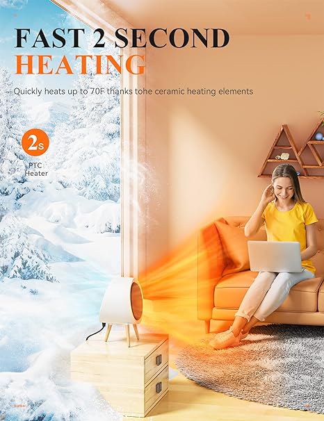 GAIATOP Space Heater, 1000W Energy Efficient Space Heater for Indoor Use, 3 Mode PTC Fast Heating Ceramic Electric Heater, Overheating & 45°Tip-Over Protection Portable Heater for Office Home White 3